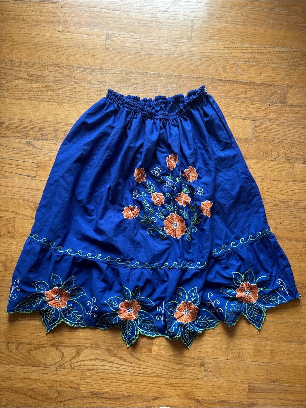 Blue Embroidered Elastic Waist Floral Cotton Skirt size medium